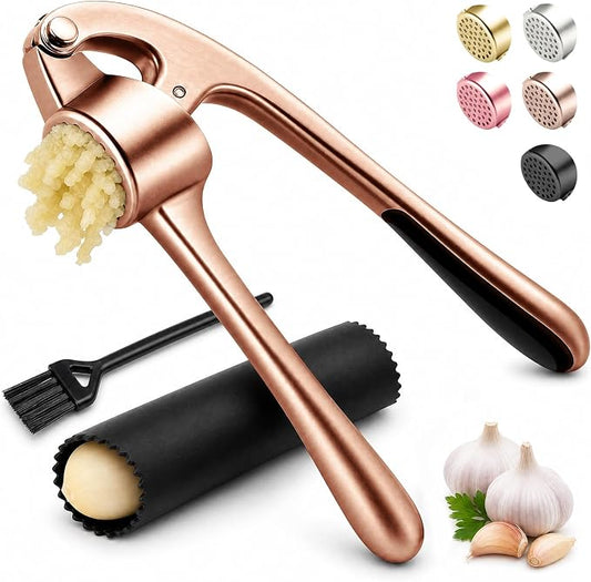Kitchen Garlic Press, Rust Proof & Dishwasher Safe Garlic Mincer, Durable Garlic Crusher Set with Peeler＆Brush, Easy to Clean and Squeeze, Copper