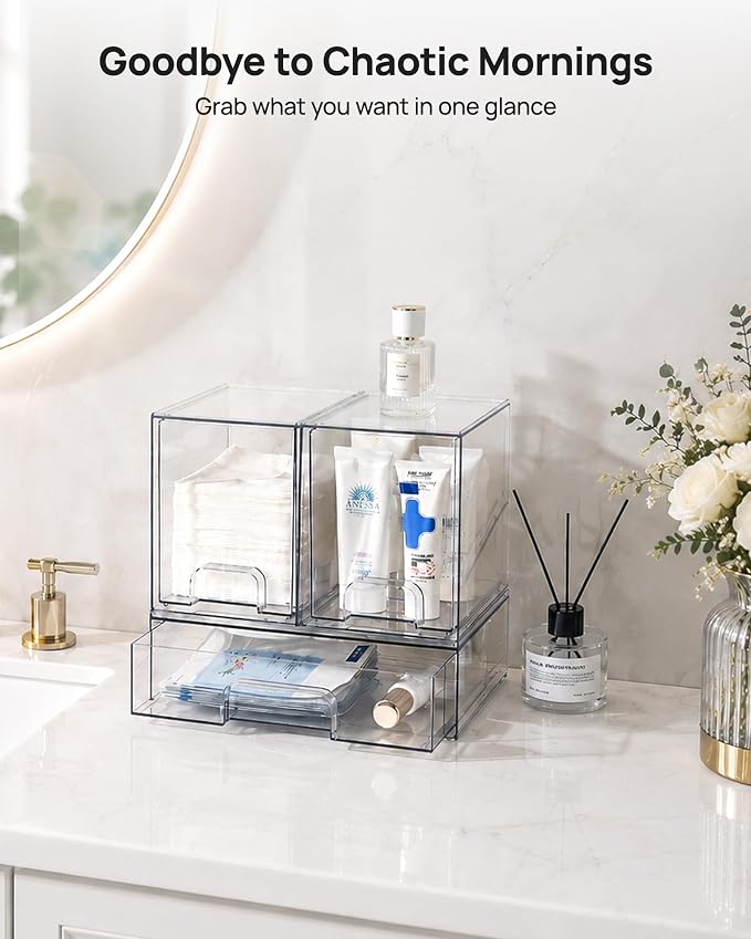 Vtopmart Clear Stackable Storage Drawers Set of 3, Plastic Organizer Bins | Multi-purpose Boxes for Baby Bottle Storage, Ideal for Kichen, Vanity, Bathroom, Undersink, Cabinet, Pantry Organization