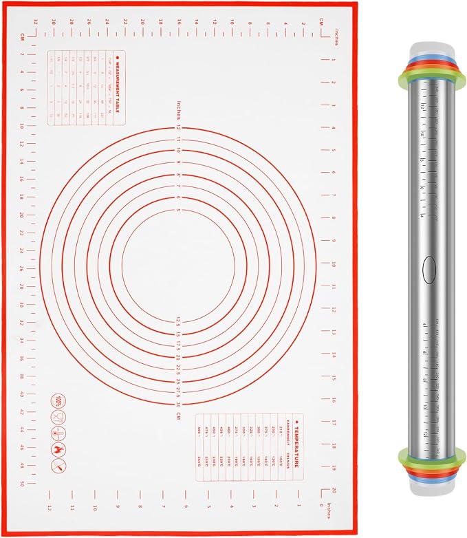Rolling Pin and Silicone Baking Pastry Mat Set Stainless Steel Dough Roller with Adjustable Thickness Rings Nonstick Dough Roller Pin for Fondant Pizza Pie Cookies (1PC)