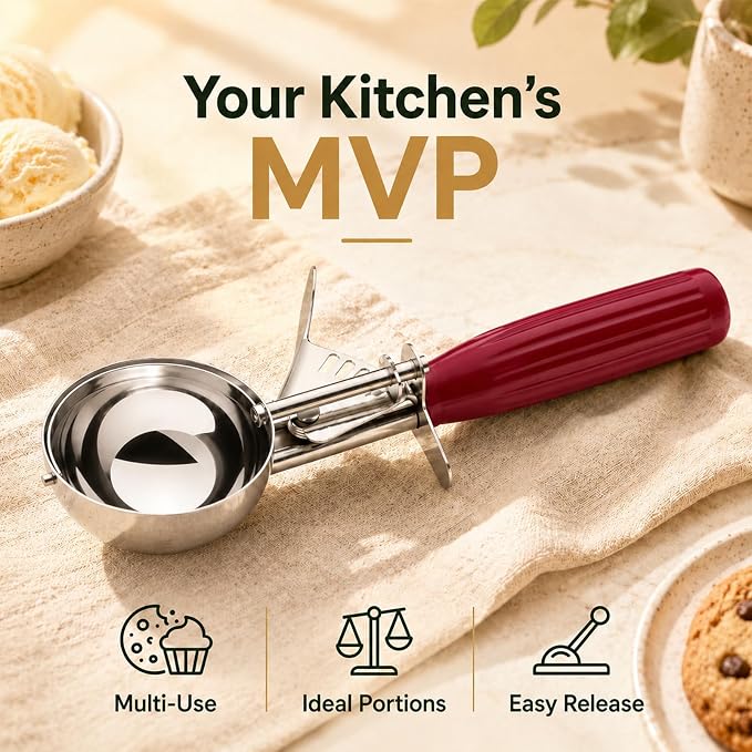 1.33oz Ice Cream Scoop with Trigger #24 - Stainless Steel Cookie Scoop for Baking, Portion Scoop for Cookie Dough, Cupcake, Mashed Potatoes - Easy Portion Control, Comfortable Non-Slip Handle (Red)