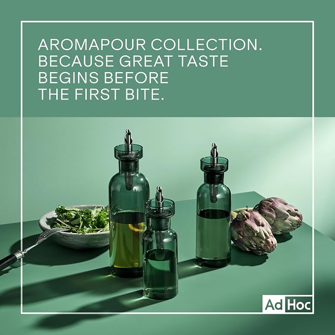 AdHoc AromaPour Grey Glass Oil and Vinegar Bottle, 300ml Filtered Non-Drip Dispenser for Oil and Vinegar, Dishwasher Safe,