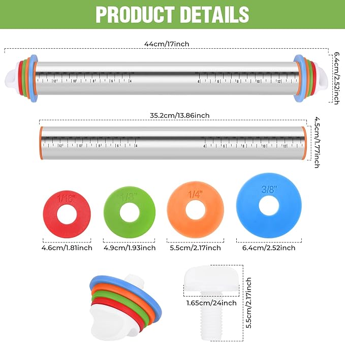Adjustable Thickness Rings Rolling Pin and Silicone Baking Pastry Mat Set | Stainless Steel Dough Roller,Baking Supplies for Cookie Cake Pop Fondant Pizza Cake Pasta (Black)