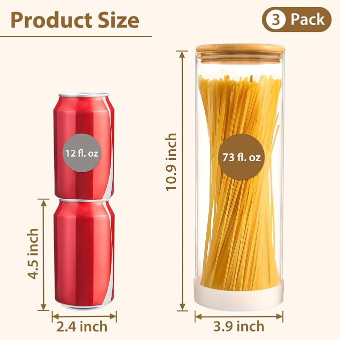 73oz Glass Spaghetti Pasta Containers for Pantry Organization, 3-Pack Large Airtight Food Jars with Bamboo Lids and Protective Silicone Base, Clear Storage Canisters for Flour, Cereal, Rice