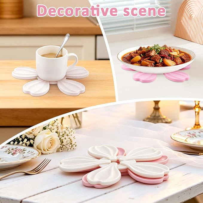 4-piece Silicone Trivet Mat - Non-Slip & Heat Resistant Kitchen Hot Pads for Table & Countertop, Multifunctional Mats can Hold Coffee, Plates, and Various Ornaments, Pink & White