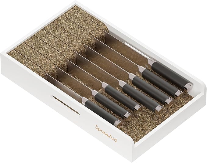SpaceAid Knife Drawer Organizer 9 inches Wide Bamboo Insert Dock, Kitchen Steak Knives Holder Organizers Block for Drawer in Storage Organization (Medium, White)