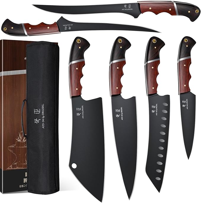 DRGSKL Kitchen Knife Set with Bag - 6 PCS Chef Knives Set - Cleaver, Boning, Fillet, Santoku, Kitchen Utility Knives, Chef Knife with Full Tang Wooden Handle, Gifts for Men and Women