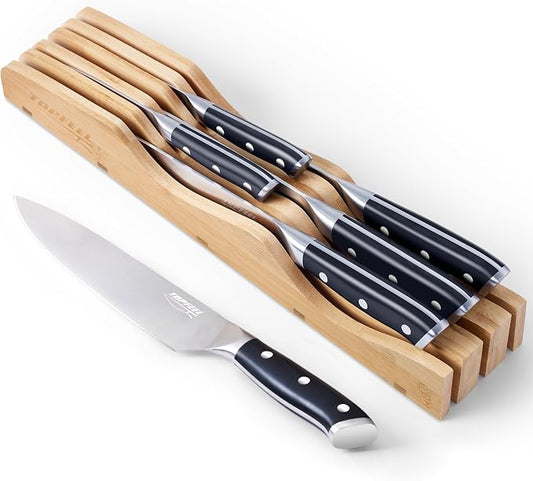 Topfeel 6Pcs Kitchen Knife Set with In-Drawer Bamboo Knife Organizer- 3.5-8 Inch Set Kitchen Knives German High Carbon Stainless Steel Sharp Knife, Knives Set for Kitchen with Ergonomic Handle