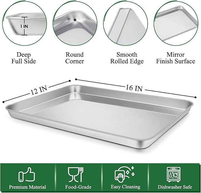 P&P CHEF 16 Inch Baking Sheet Pan and Cooking Rack - 4 Pieces | 2x Cookie Sheet + 2x Grid Rack, Stainless Steel Oven Tray with Wire Rack for Oven Baking, Healthy & Sturdy & Easy to Clean