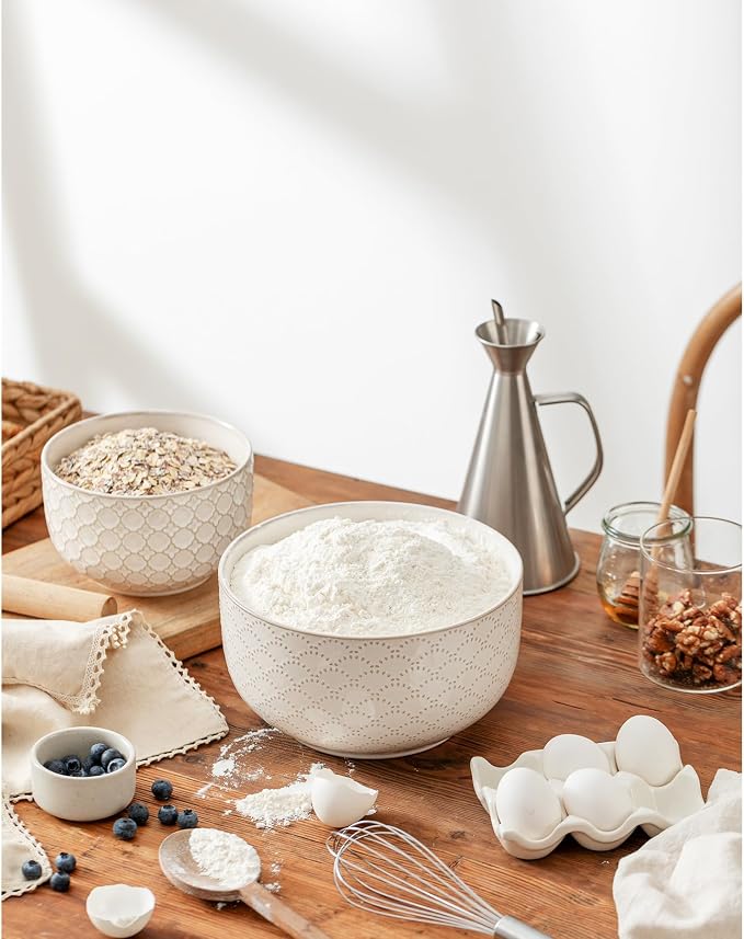 Mikiegy Ceramic Mixing Bowls Set of 2, Nesting Ceramic Embossment Stoneware Mixing Bowls for Cooking, Serving, Popcorn, Salad etc, Microwave & Dishwasher Safe, 44/98 oz, Off-White