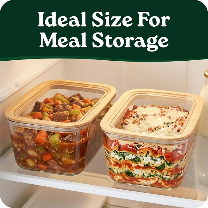 Large Glass Food Storage Containers with Glass Lids & Bamboo Rim – 87 Oz 2 Pack Plastic Free Glass Meal Prep Containers for Lunch, Eco Friendly Airtight Food Storage, Microwave & Oven Safe