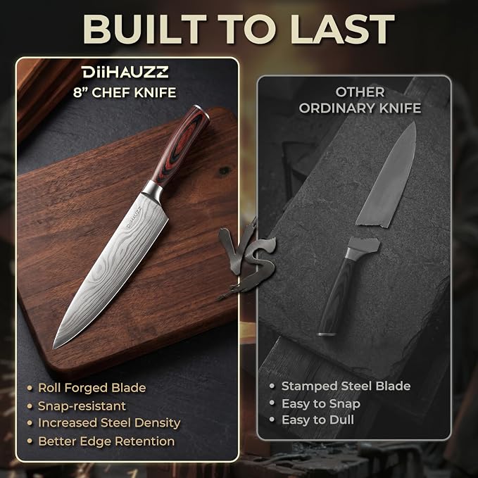 DiiHAUZZ 8 Inch Chef Knife, High Carbon Stainless Steel - Ultra Sharp Kitchen Gyutou Knife for Slicing Meat, Dicing Vegetables and Daily Meal Prep, Ergonomic Handle with Sheath, Gift Box