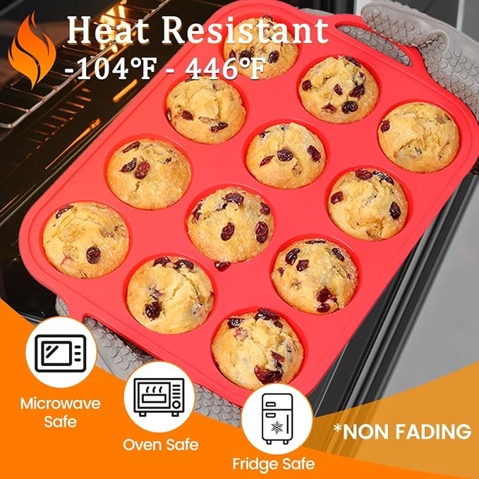 CAKETIME Silicone Muffin Pans for Baking, Metal Reinforced Frame Regular 12 Cups & Mini 24 Cups Cupcake Pan Set Nonstick Muffin Pan for Homemade Baking Easy to Handle