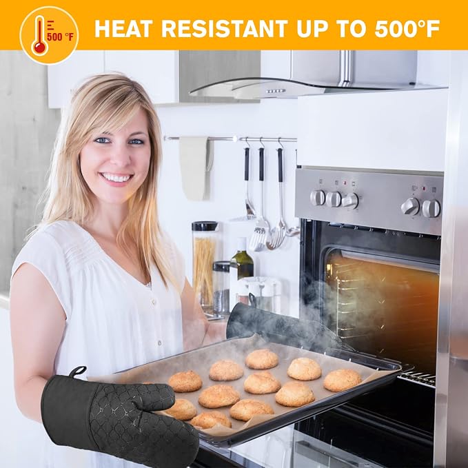 6 Pcs Oven Mitts and Pot Holders, 500℉ Heat Resistant Oven Mitts with Kitchen Towels Soft Cotton Lining and Non-Slip Silicone Surface Safe for Baking, Cooking, BBQ (Black)