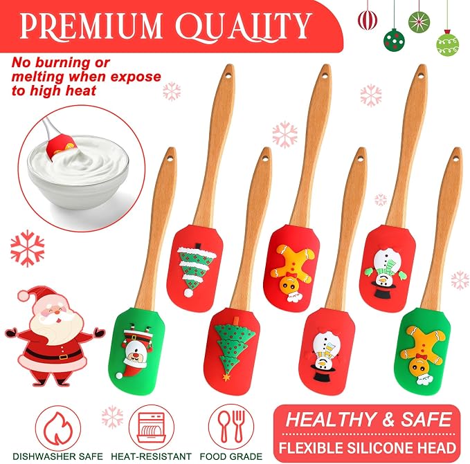 Patelai 16 Pieces Christmas Silicone Spatula Set Kitchen Christmas Spatula Set Santa Claus Snowman Gingerbread Spatula Christmas Cake Decorating Spatula with Handle for Baking Cooking (Wooden)