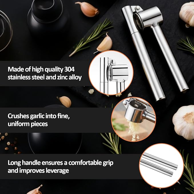 VINATO Stainless Garlic Press, Stainless Steel Kitchen Utensils, Garlic Crush for Kitchen with Peeler and Cleaning Brush, Professional Manual Chopper and Practical Kitchen Gadget