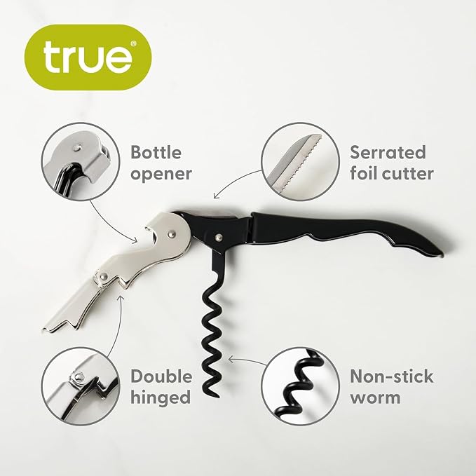 True Truetap Double Hinged Waiter's Corkscrew Wine Opener, Stainless Steel Wine Bottle Opener with Built In Foil Cutter, Home Bar Tools, Bar Cart Accessories, Wedding Gifts, Set of 1, Black Blue