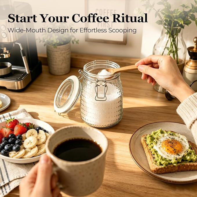 ComSaf Round Glass Jars with Airtight Lids 34 oz 3 Pack Wide Mouth Hobnail | Sugar snacks, Coffee bar Decor, Tea station, Kitchen counter display, Clear body, Kitchen storage, Pantry organization