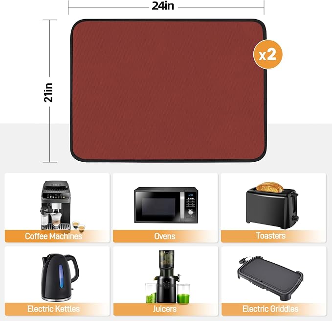 2 PCS Heat Resistant Mats for Countertop Air Fryer, 24x21in, Red | 1022 ℉ Fireproof mat, air fryer accessories for ninja, cosori, waterproof hot pads for kitchen toaster, oven, coffee maker