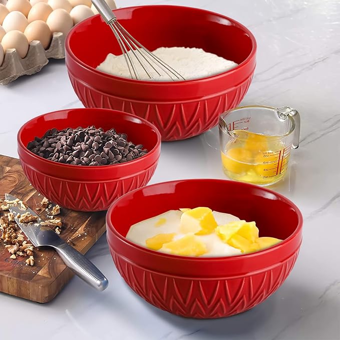 AVLA Porcelain Mixing Bowls for Kitchen, 3/1.8/1.2 Qt Ceramic Large Serving Salad Soup Bowl Set, Deep Nesting Bowl for Space Saving, 3-Piece Set, Microwave and Dishwasher Safe, Red