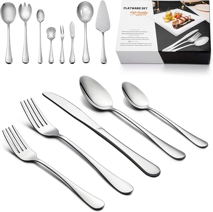 LIANYU 48-Piece Silverware Set with Serving Utensils, Flatware Set for 8, Includes Knives, Spoons and Forks, Stainless Steel Cutlery Eating Utensils, Mirror Finish, Dishwasher Safe