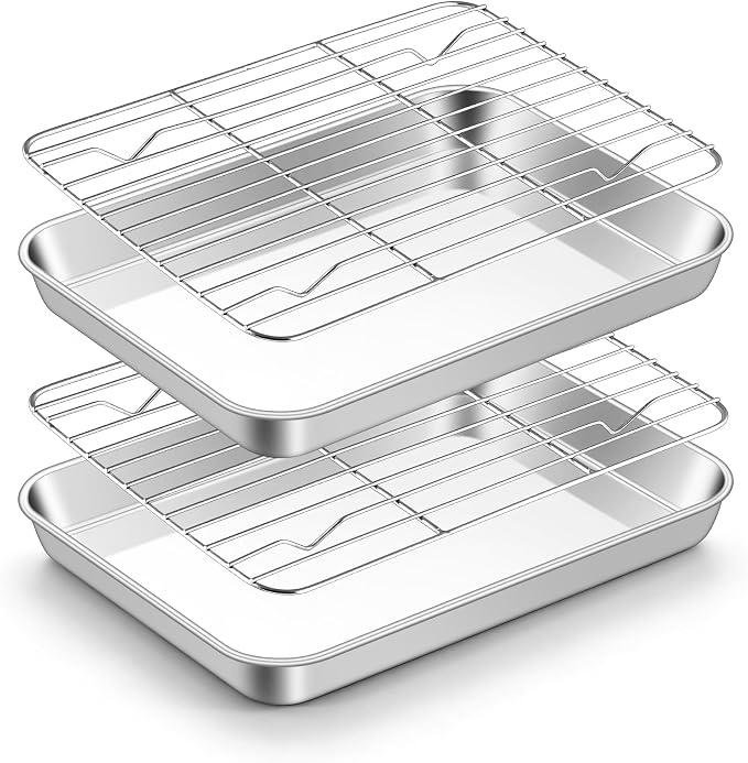 TeamFar Stainless Steel Toaster Oven Pan with Rack Set, 9"x7"x1" | 2 Pans + 2 Racks, Toaster Oven Baking Pan Tray with Cooling Rack for Cooking, Non-Toxic & Rust Proof, Dishwasher Safe
