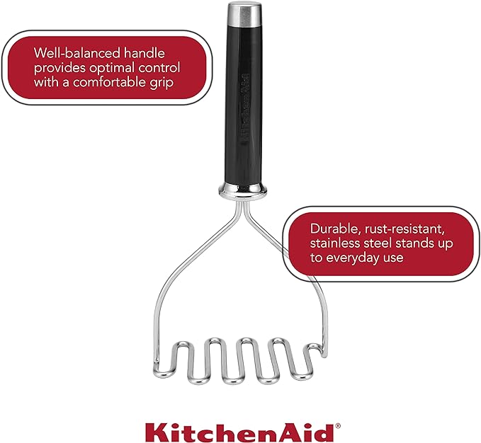 KitchenAid Gourmet 4-Sided Stainless Steel Box Grater with Detachable Storage Container, 10 inches tall, Black & Gourmet Stainless Steel Wire Masher, 10.24-Inch, Black