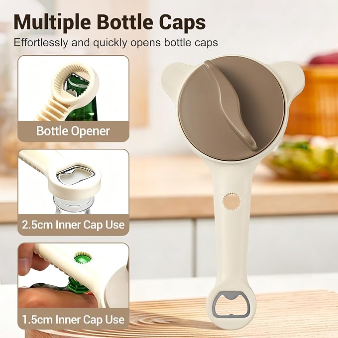 4-In-1 Jar Opener for Weak Hands & Seniors, Adjustable Lid Opener with Non-Slip Grip, Stainless Steel Jar Lid Opener, for Jars, Bottles & Cans (Brown)