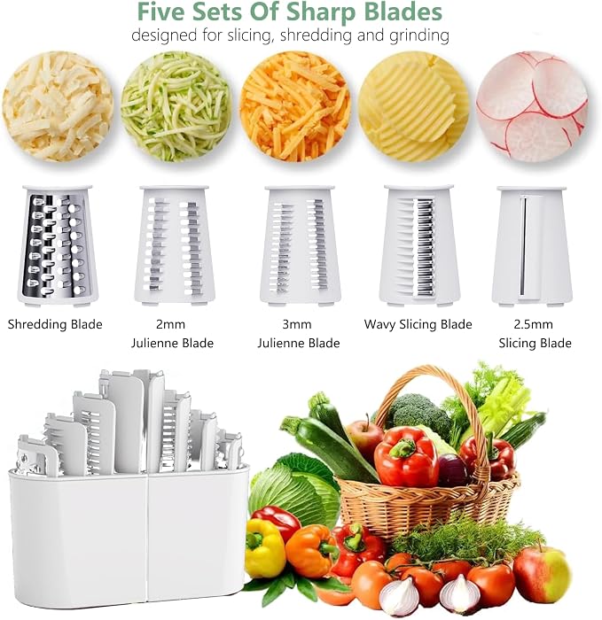 Rotary Cheese Grater: 5 in 1 Cheese Grater with Handle Vegetable Slicer with 5 Interchangeable Blades, Storage Box, Green Cheese Shredder with Strong Suction Base for Kitchen (White)