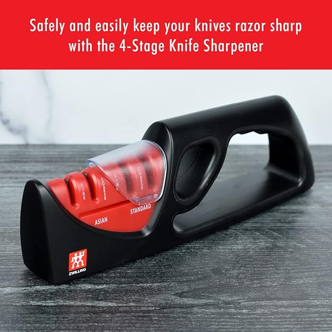 ZWILLING 4-Stage Pull Through Knife Sharpener | Manual Kitchen Sharpener with Coarse and Fine Ceramic Rods, Non-Slip Ergonomic Design for Western and Asian Knives