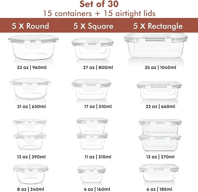Razab 30 PC Glass Food Storage Containers with Lids - Reusable Glass Meal Prep Containers for Lunch and Leftovers - Airtight & Leakproof Snap Locking Lids - Oven, Freezer, Microwave, Dishwasher Safe