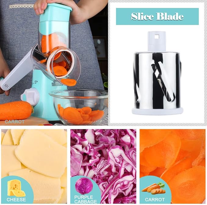 Ourokhome Rotary Cheese Grater Hand Crank, Kitchen Shredder Speed Mandolin Slicer Nut Grinder with Handle and Drum Blades for Cheese, Vegetable, Walnut, Chocolate, Potato, Carrot, 3 Blades, Blue