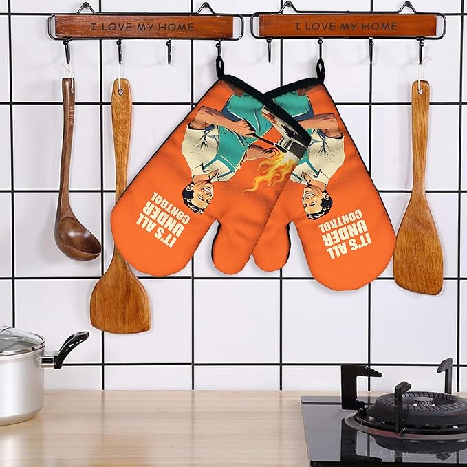 It's All Under Control, Funny Silicone Non-Slip Oven Mitts Sets of 2, Retro Cooking Baking Mitts, Kitchen Gift for Men, Housewarming Gifts, Cooking Baking BBQ Gifts