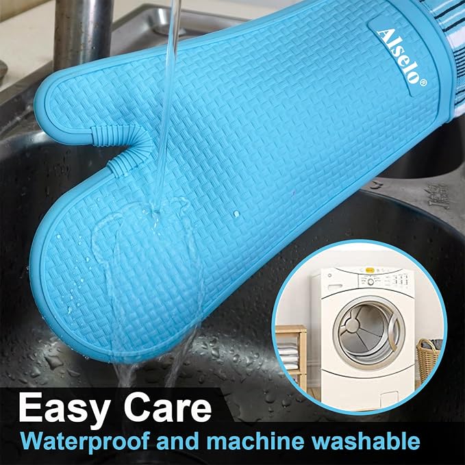 Alselo Oven Mitts Heat Resistant Silicone Kitchen Gloves for 550 Degrees with Waterproof and Non-Silp, Oven Gloves for Baking Cooking Barbecue Microwave Machine Washable (2, Extra Long Sapphire)