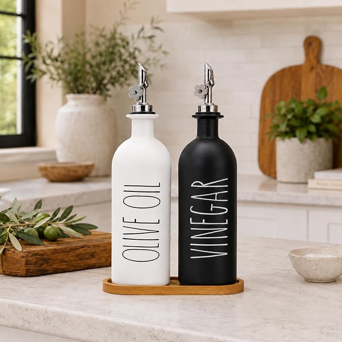 HOMCDALY 16oz Olive Oil Dispenser Bottles for Kitchen, Glass Oil Dispenser for Kitchen with Bamboo Tray, Oil&Vinegar Dispenser Set | Set of 2 (16oz-P-Black&White)