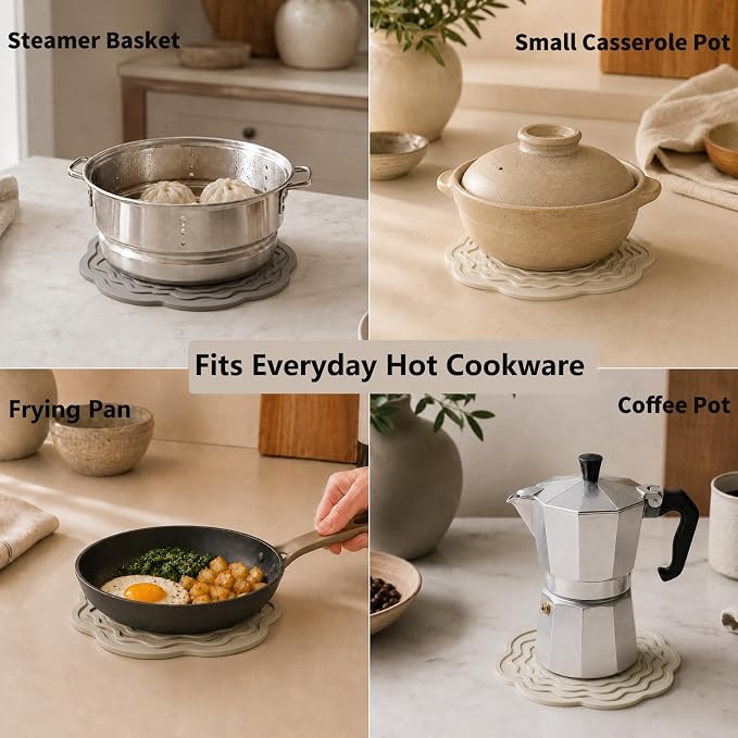 Silicone Trivets for Hot Dishes, Pots and Pans, 8 Inch Hot Pads for Kitchen | Aesthetic heat-resistant mats for cookware and serveware; use as pot holders to shield hands, countertops and dining tables