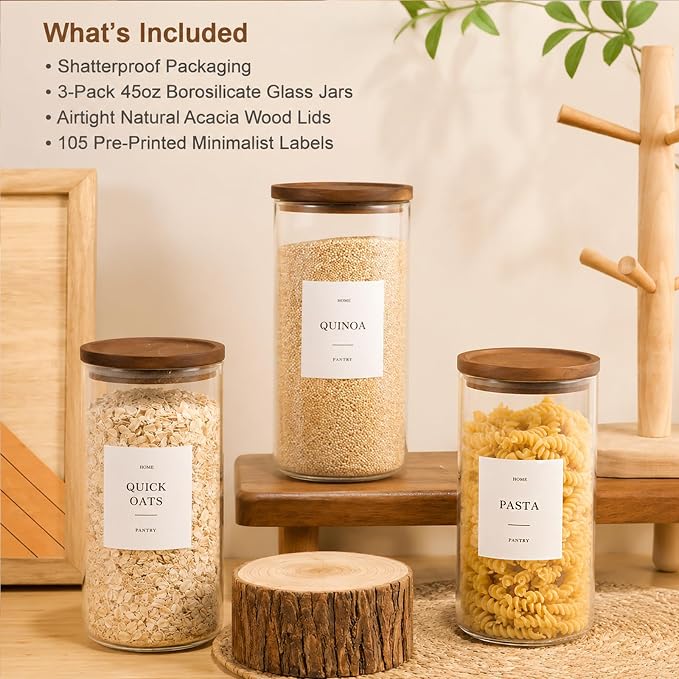 3 Pack Glass Containers with Acacia Lids, 45oz Pantry Airtight Storage Jars | Kitchen Canister Set with 105 Labels, Pantry Food Storage Containers with Wood Lids for Oats, Flour, Coffee, Sugar, Pasta