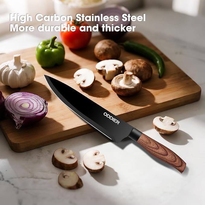 Knife Set, 8 Piece Kitchen Knife Set, Stainless Steel Knives Set for Kitchen, Universal Knife Block Set, Kitchen Kinfe Essentials, New Home Apartment Essentials, Dishwasher Safe (Black Wood-Grain)