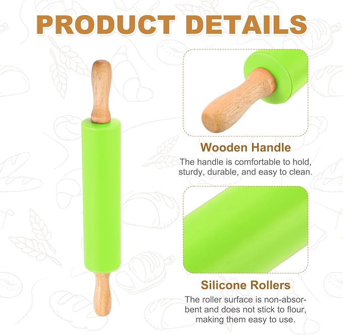 uxcell Rolling Pins for Baking, 12 Inch Silicone Non-Stick Rolling Pin Baking Roller Wooden Handle for Home Kitchen Dough Cookies Pastry, Grass Green