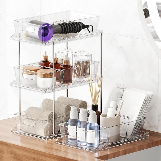 Bathroom Under Sink Organizers and Storage, 2 Tier, 1 Pack | Clear Vanity Countertop Pull-out Cabinet Organizer, Stackable Multi-Purpose Kitchen Pantry Organization with Dividers