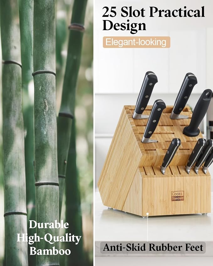Cooks Standard Classic Bamboo Cutlery Block Holder without Knives, X-Large Universal Countertop Butcher Block Kitchen Knife Stand for Easy Kitchen Storage, Made of Natural Bamboo, 25 Slot