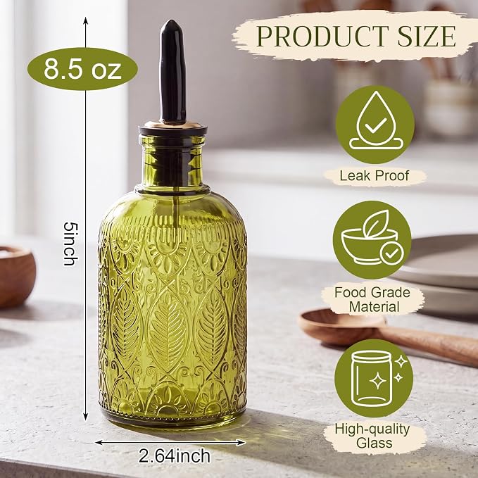 FoldTier 1 Pack Glass Oil Bottles 8.5oz Olive Oil Dispenser Bottle with Metal Spout and Lid Elegant Glass Cooking Dispenser for Kitchen Maple Honey Syrup Vinegar and Sauces (Dark Green)
