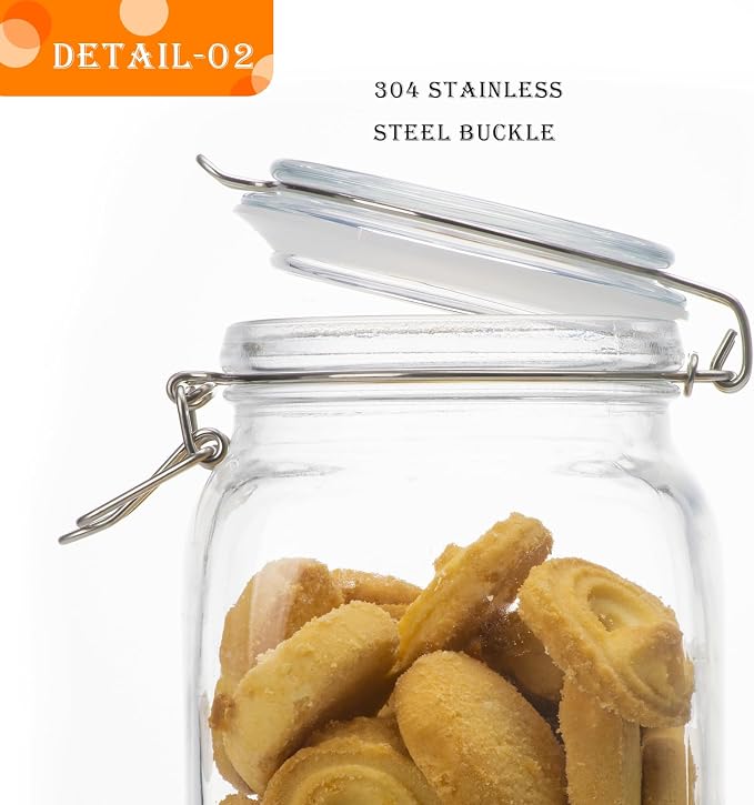 50oz Square Glass Food Storage Jars with Airtight Clamp Lids 3 Pack | Glass Storage Containers for Flour, Sugar, Rice, Coffee, Cereal, Sourdough Pickling and Canning, Mason Jar，Kitchen Canisters