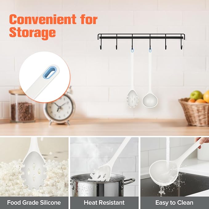 Silicone Spaghetti Spoon&Soup Ladle Cooking Utensils Set of 2,No Scratch for Nonstick Cookware,BPA Free, 450℉ Heat Resistant (White)