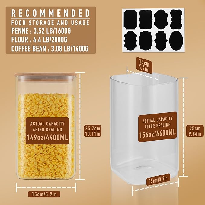 D2scrma 149oz Airtight Glass Square Storage Canister with Bamboo Lid Set of 2(4400ml*2) Large Gallon Glass Jars for Sugar, Flour, Cookies and Coffee beans (‎with Black Lable)