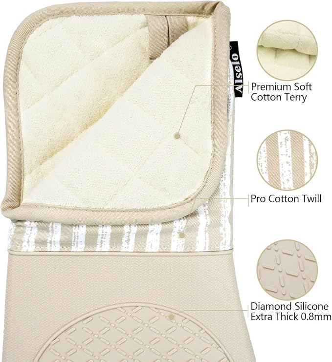 Alselo Silicone Oven Mitts Heat Resistant 932℉ with Waterproof & Non-Slip Kitchen Mittens, Set of 2 Extra Long Oven Gloves with Soft Cotton Terry Lining for Baking Cooking Barbecue (Khaki, 2)