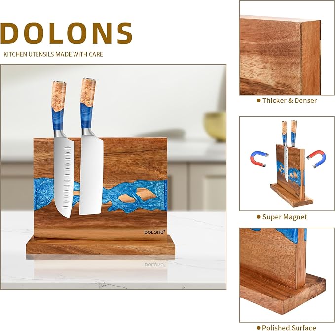 Magnetic Knife Block,Acacia Wood And Resin Kitchen Magnetic Knife Holder，Equipped with strong magnets,Multifunctional Double Side Knife Storage Organizer for Kitchen Counter ，Gifts for new home