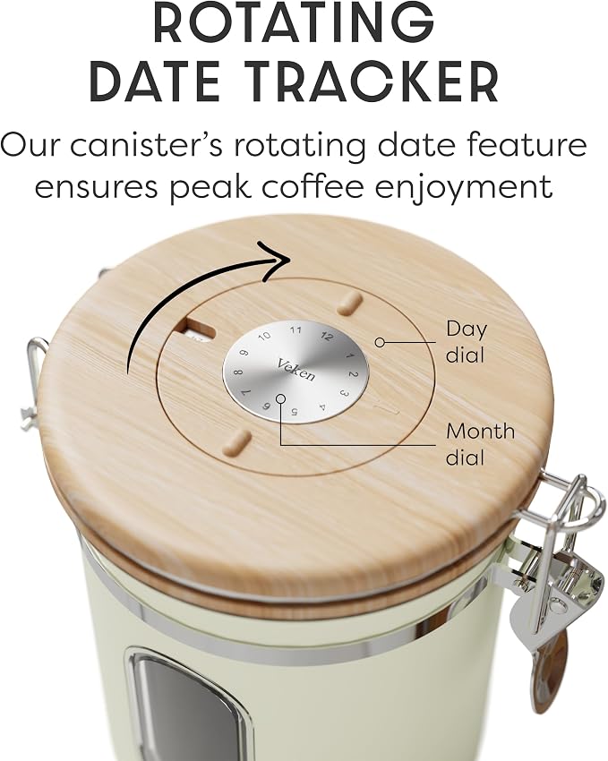 Veken Coffee Canister with Window, Airtight Stainless Steel Container, 16OZ | Date Tracker,Kitchen Food Storage Organizers for Beans, Ground, Espresso, Rice,Tea, Sugar,Cereal, Gifts,Lids,Jars,Scoop,Cream