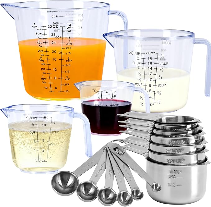 7x Stainless Steel Measuring Cups with 6x Measure Spoons Set,4x Py&Res Plastic liquid Measurings Cups for Liquids,Kitchen Gadgets for Cooking & Baking Utensils Christmas Gift (17Pcs)