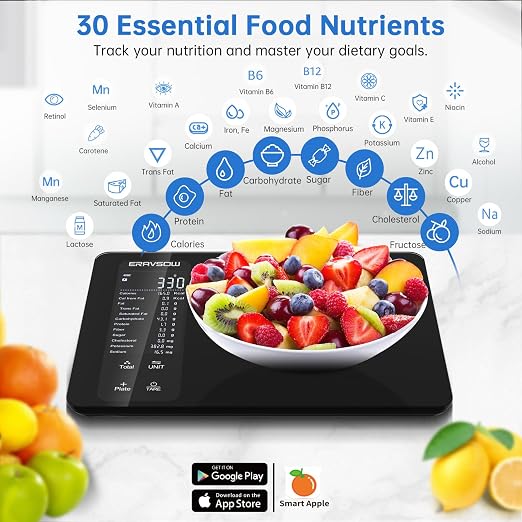 Smart Kitchen Food Scale, Nutrition App Tracks Calorie & Macros, 10kg/22lb | Powered by USDA Database; 30+ Nutrients in App; 12 Stats On-Screen; Visual Progress Charts; Dedicated Coffee Mode
