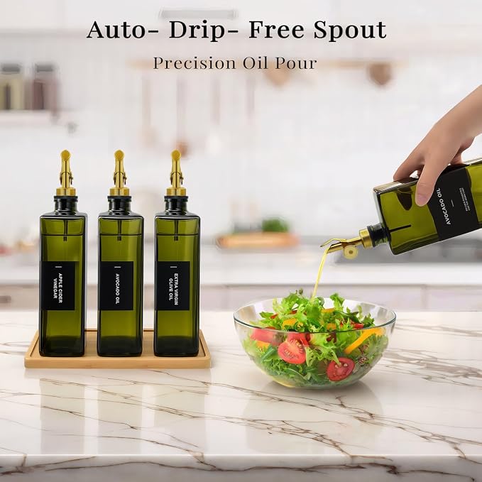 Olive Oil Dispenser Bottle for Kitchen with Bamboo Tray- Glass Oil and Vinegar Dispenser Set 16.9oz, Soy Sauce & Syrup Bottle, Modern Hostess Gift (Green, 16.9oz, Set of 3)